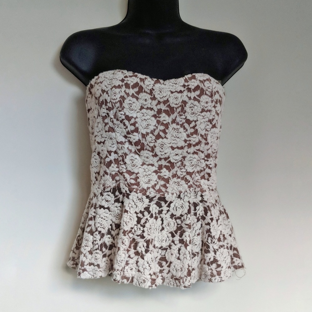 $5 SALE Peplum Floral Crop Top, Sweetheart, Cream Brown SM